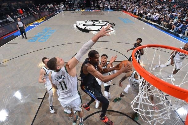 Kevin Durant of the Brooklyn Nets shoots the ball against the Milwaukee Bucks during Round 2, Game 2 on June 7, 2021 at Barclays Center in Brooklyn,...