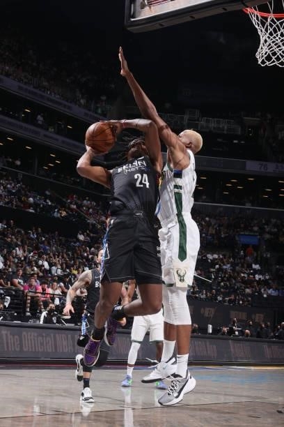 Alize Johnson of the Brooklyn Nets drives to the basket against the Milwaukee Bucks during Round 2, Game 2 of the 2021 NBA Playoffs on June 7, 2021...