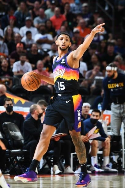 Cameron Payne of the Phoenix Suns points during the game against the Denver Nuggets during Round 2, Game 1 of the 2021 NBA Playoffs on June 7, 2021...
