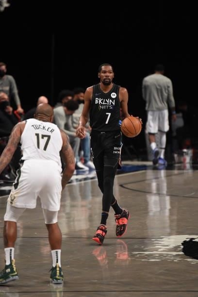 Kevin Durant of the Brooklyn Nets handles the ball against the Milwaukee Bucks during Round 2, Game 2 on June 7, 2021 at Barclays Center in Brooklyn,...