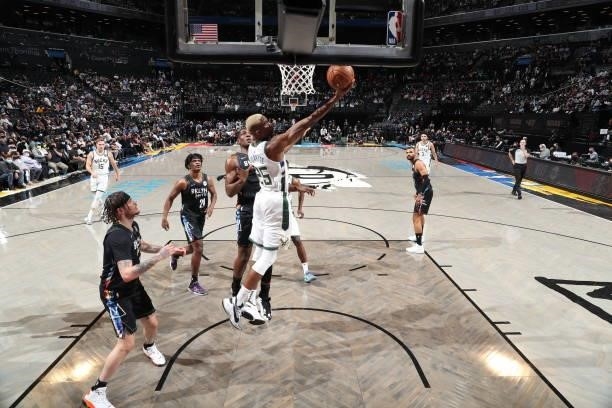 Mamadi Diakite of the Milwaukee Bucks drives to the basket against the Brooklyn Nets during Round 2, Game 2 of the 2021 NBA Playoffs on June 7, 2021...
