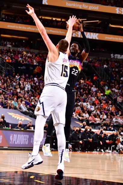 Deandre Ayton of the Phoenix Suns shoots the ball against the Denver Nuggets during Round 2, Game 1 of the 2021 NBA Playoffs on June 7, 2021 at...