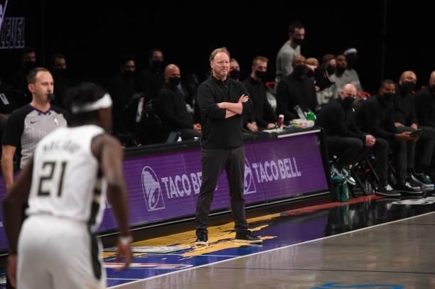 Head Coach Mike Budenholzer of the Milwaukee Bucks looks on during Round 2, Game 2 on June 7, 2021 at Barclays Center in Brooklyn, New York. NOTE TO...