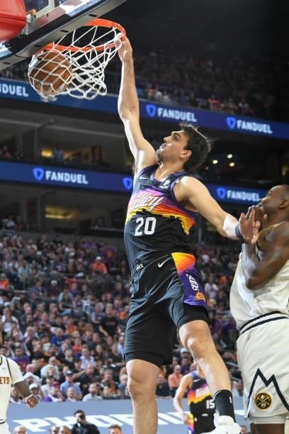 Dario Saric of the Phoenix Suns dunks the ball during the game against the Denver Nuggets during Round 2, Game 1 of the 2021 NBA Playoffs on June 7,...