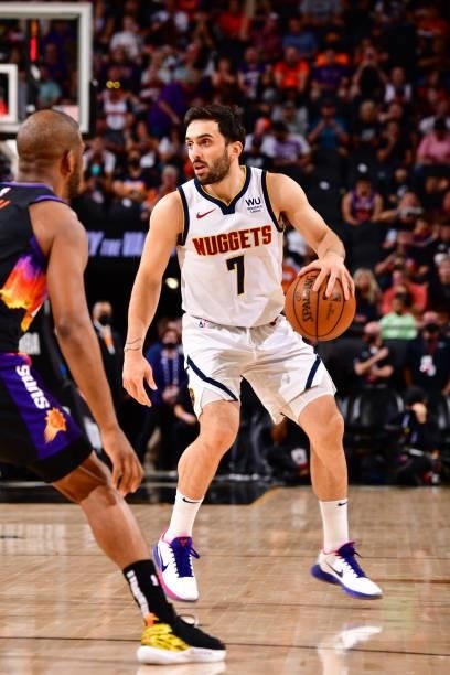 Facundo Campazzo of the Denver Nuggets dribbles the ball against the Phoenix Suns during Round 2, Game 1 of the 2021 NBA Playoffs on June 7, 2021 at...