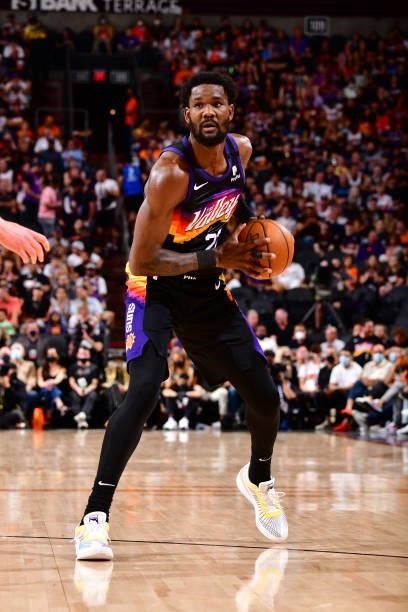 Deandre Ayton of the Phoenix Suns looks to shoots the ball against the Denver Nuggets during Round 2, Game 1 of the 2021 NBA Playoffs on June 7, 2021...