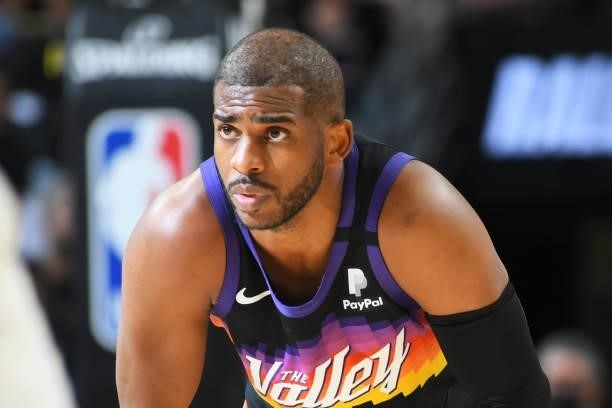 Chris Paul of the Phoenix Suns looks on during the game against the Denver Nuggets during Round 2, Game 1 of the 2021 NBA Playoffs on June 7, 2021 at...