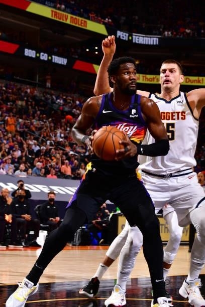 Deandre Ayton of the Phoenix Suns drives to the basket against the Denver Nuggets during Round 2, Game 1 of the 2021 NBA Playoffs on June 7, 2021 at...