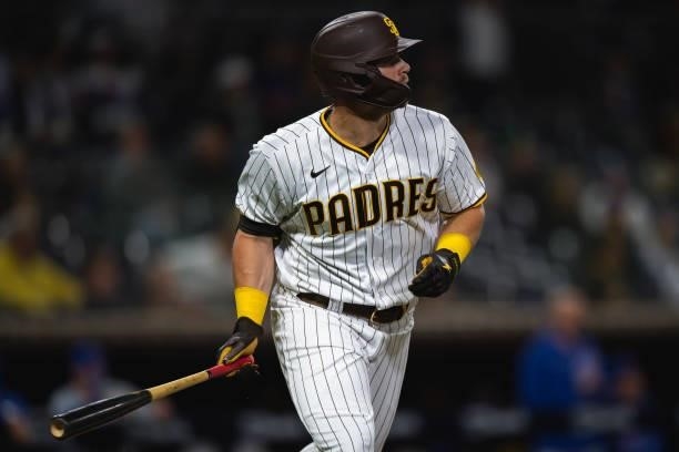 Brian O'Grady of the San Diego Padres hits a home run in the third inning against the Chicago Cubs at Petco Park on June 7, 2021 in San Diego,...