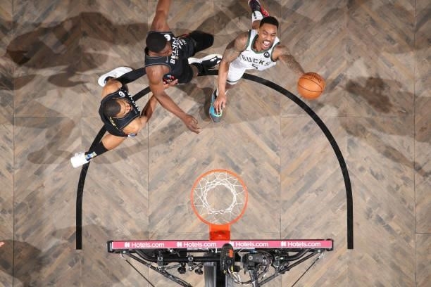 Jeff Teague of the Milwaukee Bucks shoots the ball against the Brooklyn Nets during Round 2, Game 2 of the 2021 NBA Playoffs on June 7, 2021 at...