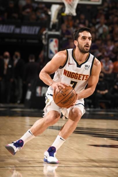 Facundo Campazzo of the Denver Nuggets handles the ball during Round 2, Game 1 of the 2021 NBA Playoffs on June 7, 2021 at Phoenix Suns Arena in...