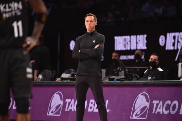 Head Coach Steve Nash of the Brooklyn Nets looks on during a game against the Milwaukee Bucks during Round 2, Game 2 on June 7, 2021 at Barclays...