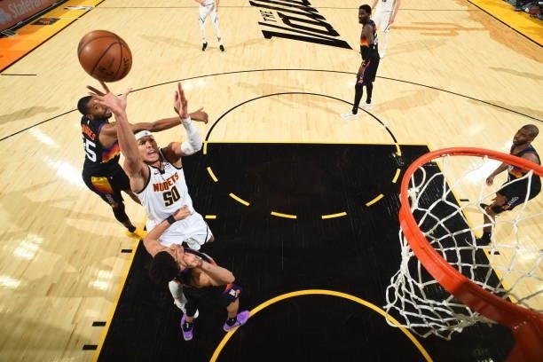 Aaron Gordon of the Denver Nuggets shoots the ball against the Phoenix Suns during Round 2, Game 1 of the 2021 NBA Playoffs on June 7, 2021 at...