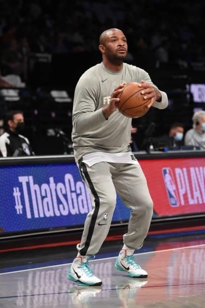 Tucker of the Milwaukee Bucks warms up prior to a game against the Brooklyn Nets during Round 2, Game 2 on June 7, 2021 at Barclays Center in...