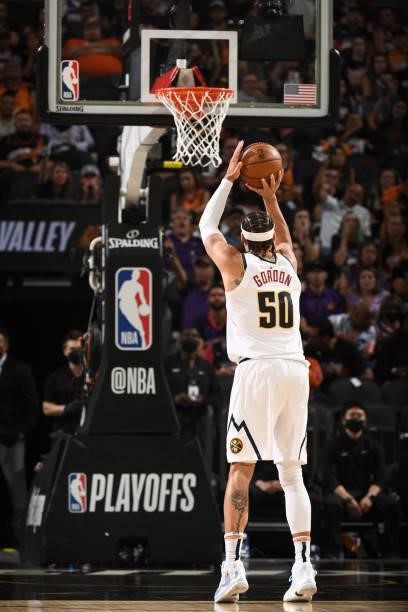Aaron Gordon of the Denver Nuggets shoots a free throw during Round 2, Game 1 of the 2021 NBA Playoffs on June 7, 2021 at Phoenix Suns Arena in...