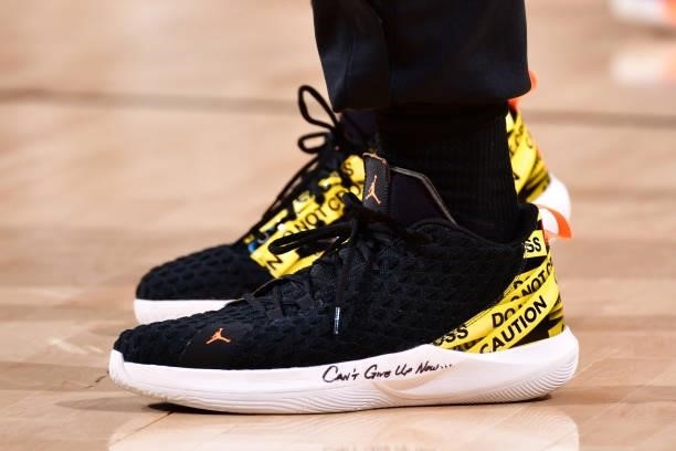 The sneakers worn by Chris Paul of the Phoenix Suns during Round 2, Game 1 of the 2021 NBA Playoffs on June 7, 2021 at Phoenix Suns Arena in Phoenix,...