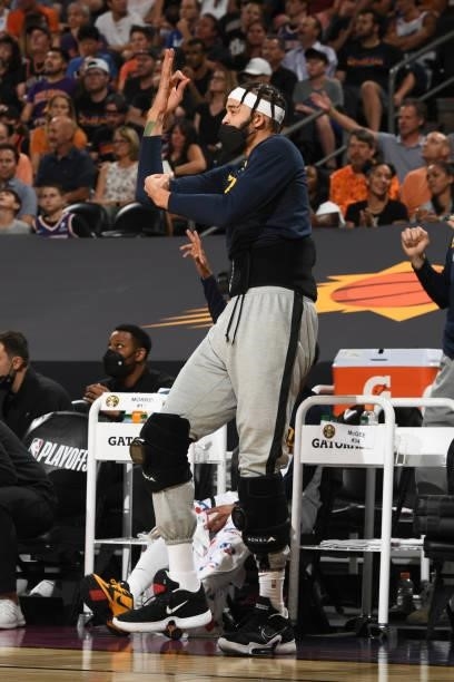 JaVale McGee of the Denver Nuggets celebrates during Round 2, Game 1 of the 2021 NBA Playoffs on June 7, 2021 at Phoenix Suns Arena in Phoenix,...