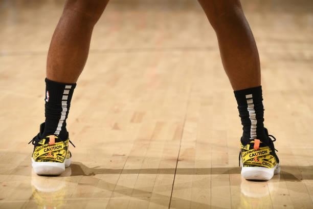 The sneakers of Chris Paul of the Phoenix Suns during Round 2, Game 1 of the 2021 NBA Playoffs on June 7, 2021 at Phoenix Suns Arena in Phoenix,...
