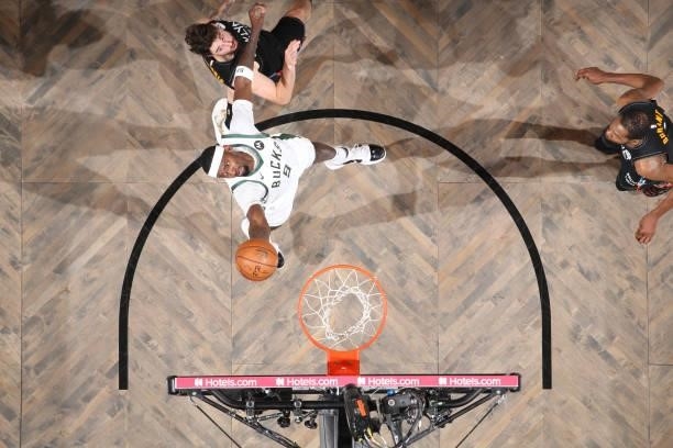 Bobby Portis of the Milwaukee Bucks drives to the basket against the Brooklyn Nets during Round 2, Game 2 of the 2021 NBA Playoffs on June 7, 2021 at...