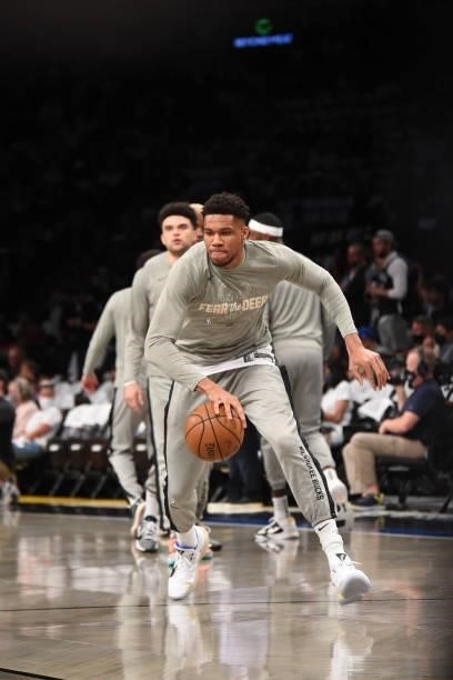 Giannis Antetokounmpo of the Milwaukee Bucks warms up prior to a game against the Brooklyn Nets during Round 2, Game 2 on June 7, 2021 at Barclays...