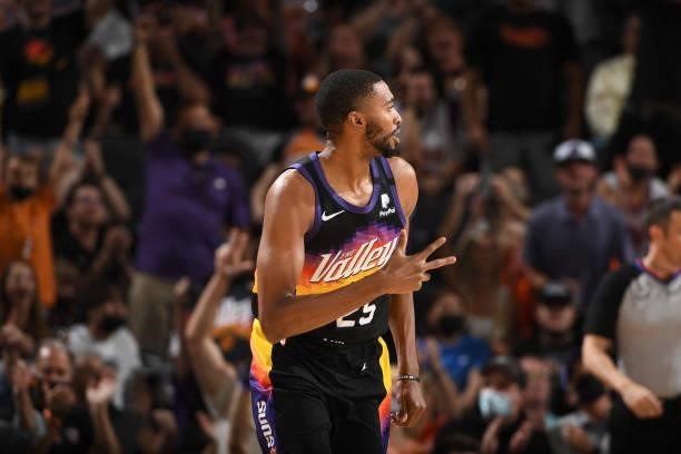 Mikal Bridges of the Phoenix Suns celebrates during Round 2, Game 1 of the 2021 NBA Playoffs on June 7, 2021 at Phoenix Suns Arena in Phoenix,...