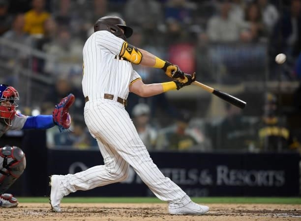 Brian O'Grady of the San Diego Padres hits a two-run home run during the third inning of a baseball game against the Chicago Cubs at Petco Park on...
