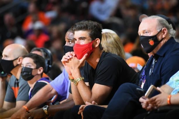 Olympic swimmer Michael Phelps attends the Phoenix Suns game against the Denver Nuggets during Round 2, Game 1 of the 2021 NBA Playoffs on June 7,...