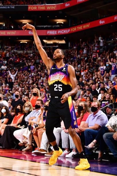Mikal Bridges of the Phoenix Suns celebrates a three point basket during Round 2, Game 1 of the 2021 NBA Playoffs on June 7, 2021 at Phoenix Suns...