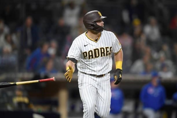 Brian O'Grady of the San Diego Padres hits a two-run home run during the third inning of a baseball game against the Chicago Cubs at Petco Park on...