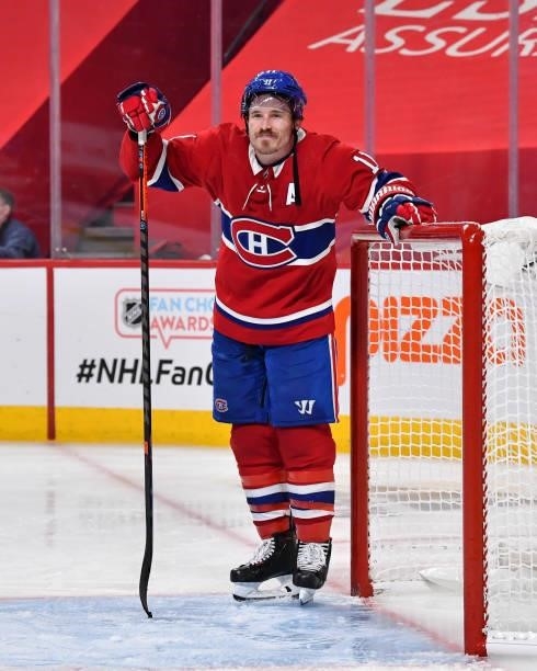 Brendan Gallagher of the Montreal Canadiens looks towards the fans as he takes in the atmosphere following the Canadiens 3-2 overtime victory against...