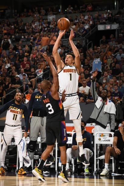 Michael Porter Jr. #1 of the Denver Nuggets shoots a three point basket during Round 2, Game 1 of the 2021 NBA Playoffs on June 7, 2021 at Phoenix...
