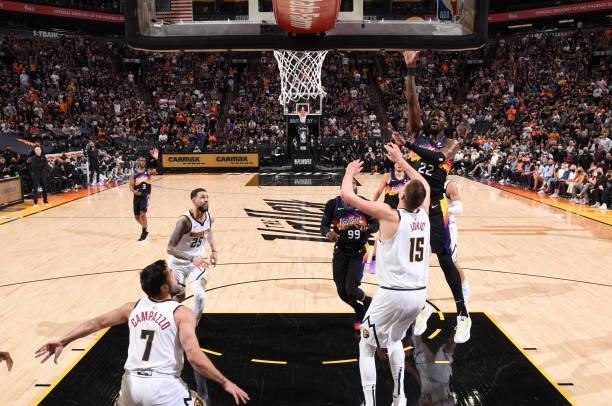 Deandre Ayton of the Phoenix Suns shoots the ball against the Denver Nuggets during Round 2, Game 1 of the 2021 NBA Playoffs on June 7, 2021 at...
