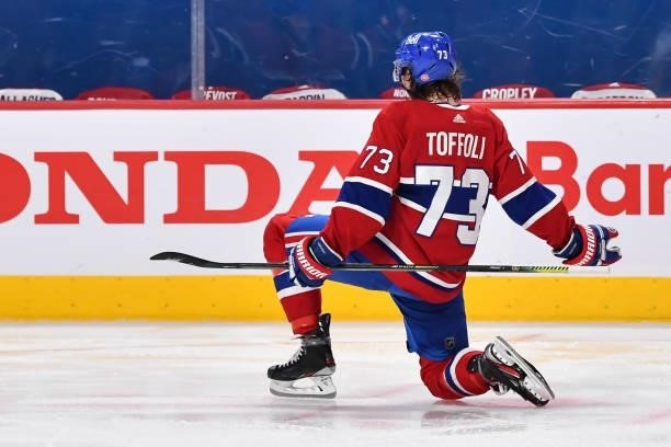 Tyler Toffoli of the Montreal Canadiens celebrates his overtime goal against the Winnipeg Jets in Game Four of the Second Round of the 2021 Stanley...