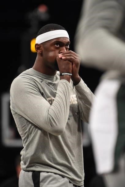Bobby Portis of the Milwaukee Bucks warms up prior to a game against the Brooklyn Nets during Round 2, Game 2 on June 7, 2021 at Barclays Center in...