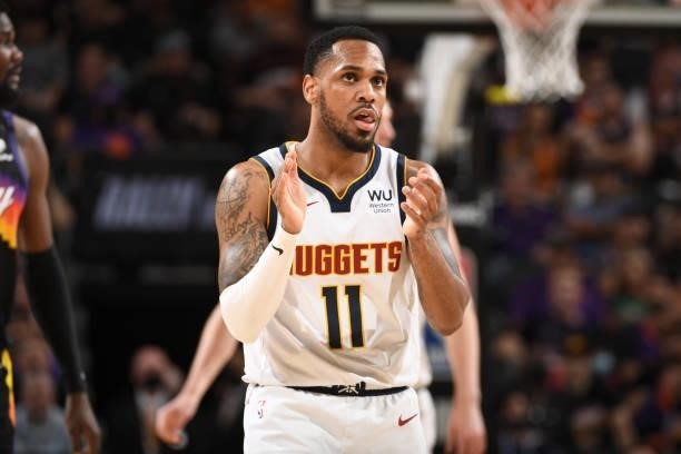 Monte Morris of the Denver Nuggets celebrates during Round 2, Game 1 of the 2021 NBA Playoffs on June 7, 2021 at Phoenix Suns Arena in Phoenix,...
