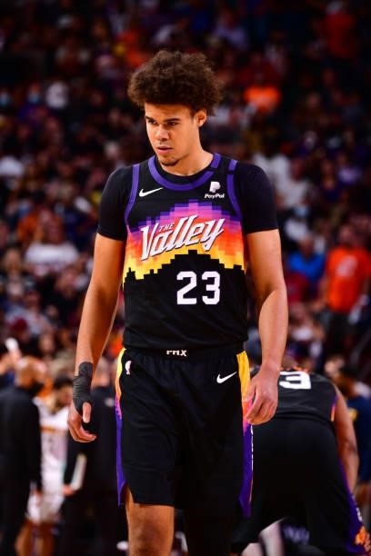 Cameron Johnson of the Phoenix Suns looks on against the Denver Nuggets during Round 2, Game 1 of the 2021 NBA Playoffs on June 7, 2021 at Phoenix...