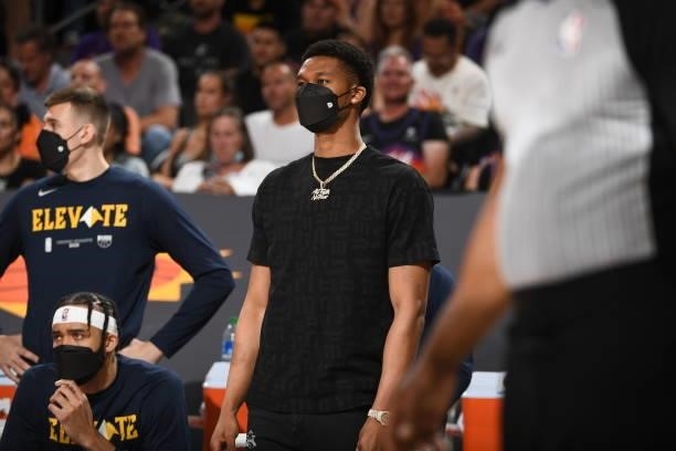 Dozier of the Denver Nuggets looks on during Round 2, Game 1 of the 2021 NBA Playoffs on June 7, 2021 at Phoenix Suns Arena in Phoenix, Arizona. NOTE...