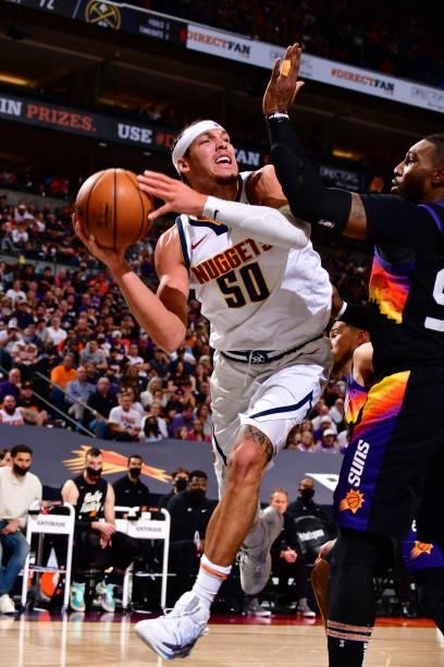 Aaron Gordon of the Denver Nuggets drives to the basket against the Phoenix Suns during Round 2, Game 1 of the 2021 NBA Playoffs on June 7, 2021 at...