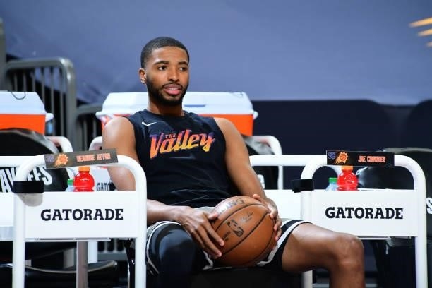 Mikal Bridges of the Phoenix Suns looks on before the game against the Denver Nuggets during Round 2, Game 1 of the 2021 NBA Playoffs on June 7, 2021...