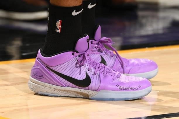 The sneakers of Devin Booker of the Phoenix Suns during Round 2, Game 1 of the 2021 NBA Playoffs on June 7, 2021 at Phoenix Suns Arena in Phoenix,...