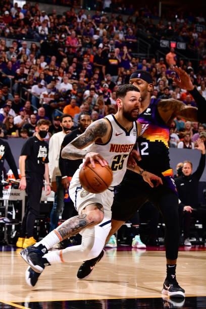 Austin Rivers of the Denver Nuggets drives to the basket against the Phoenix Suns during Round 2, Game 1 of the 2021 NBA Playoffs on June 7, 2021 at...