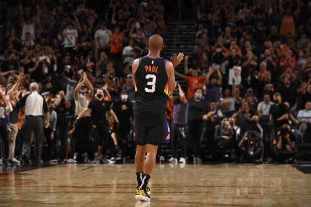 Chris Paul of the Phoenix Suns celebrates during Round 2, Game 1 of the 2021 NBA Playoffs on June 7, 2021 at Phoenix Suns Arena in Phoenix, Arizona....