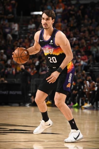 Dario Saric of the Phoenix Suns dribbles the ball during Round 2, Game 1 of the 2021 NBA Playoffs on June 7, 2021 at Phoenix Suns Arena in Phoenix,...