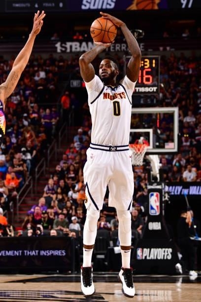 JaMychal Green of the Denver Nuggets shoots a three point basket against the Phoenix Suns during Round 2, Game 1 of the 2021 NBA Playoffs on June 7,...