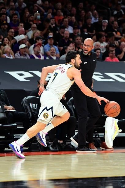 Facundo Campazzo of the Denver Nuggets dribbles the ball during the game against the Phoenix Suns during Round 2, Game 1 of the 2021 NBA Playoffs on...