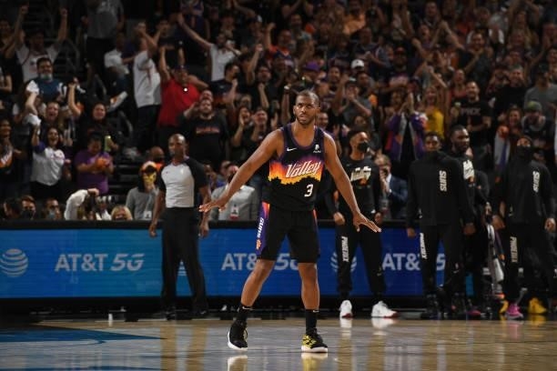 Chris Paul of the Phoenix Suns looks on during Round 2, Game 1 of the 2021 NBA Playoffs on June 7, 2021 at Phoenix Suns Arena in Phoenix, Arizona....
