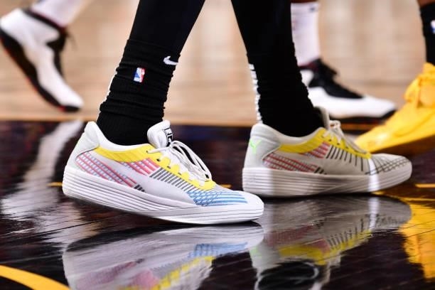 The sneakers worn by Deandre Ayton of the Phoenix Suns against the Denver Nuggets during Round 2, Game 1 of the 2021 NBA Playoffs on June 7, 2021 at...