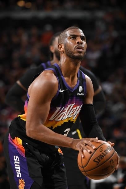 Chris Paul of the Phoenix Suns shoots a free throw during Round 2, Game 1 of the 2021 NBA Playoffs on June 7, 2021 at Phoenix Suns Arena in Phoenix,...