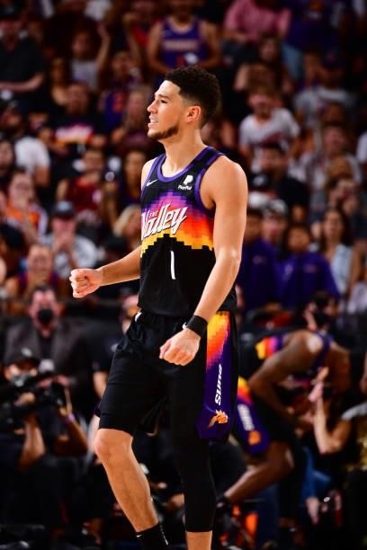 Devin Booker of the Phoenix Suns celebrates against the Denver Nuggets during Round 2, Game 1 of the 2021 NBA Playoffs on June 7, 2021 at Phoenix...