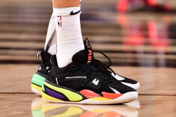 The sneakers worn by Michael Porter Jr. #1 of the Denver Nuggets against the Phoenix Suns during Round 2, Game 1 of the 2021 NBA Playoffs on June 7,...